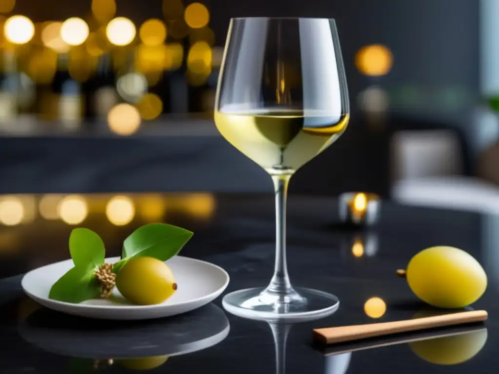 Vino ideal con comida Vietnamita: Copa elegante de vino blanco dorado y plato de primavera fresca, hierbas coloridas y especias aromáticas