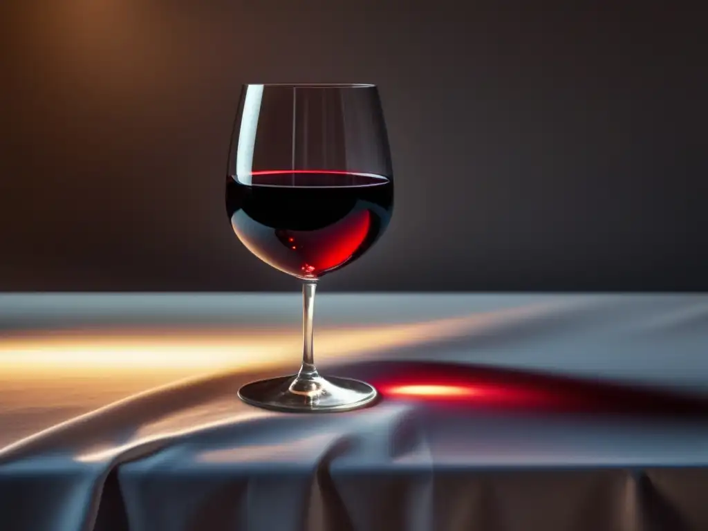 Deificación del vino en literatura: vaso de vino rojo sobre mantel blanco, iluminado suavemente