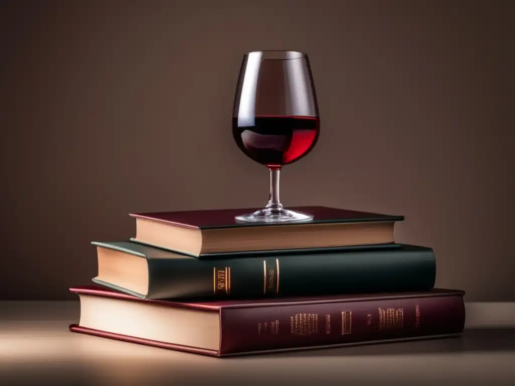 Deificación del vino en literatura: copa de vino rojo sobre libros ordenados