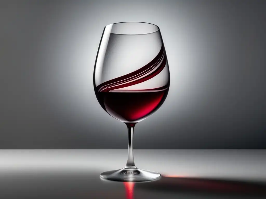 Copa de vino minimalista y elegante, con vino rojo intenso y reflejos, en un fondo suave