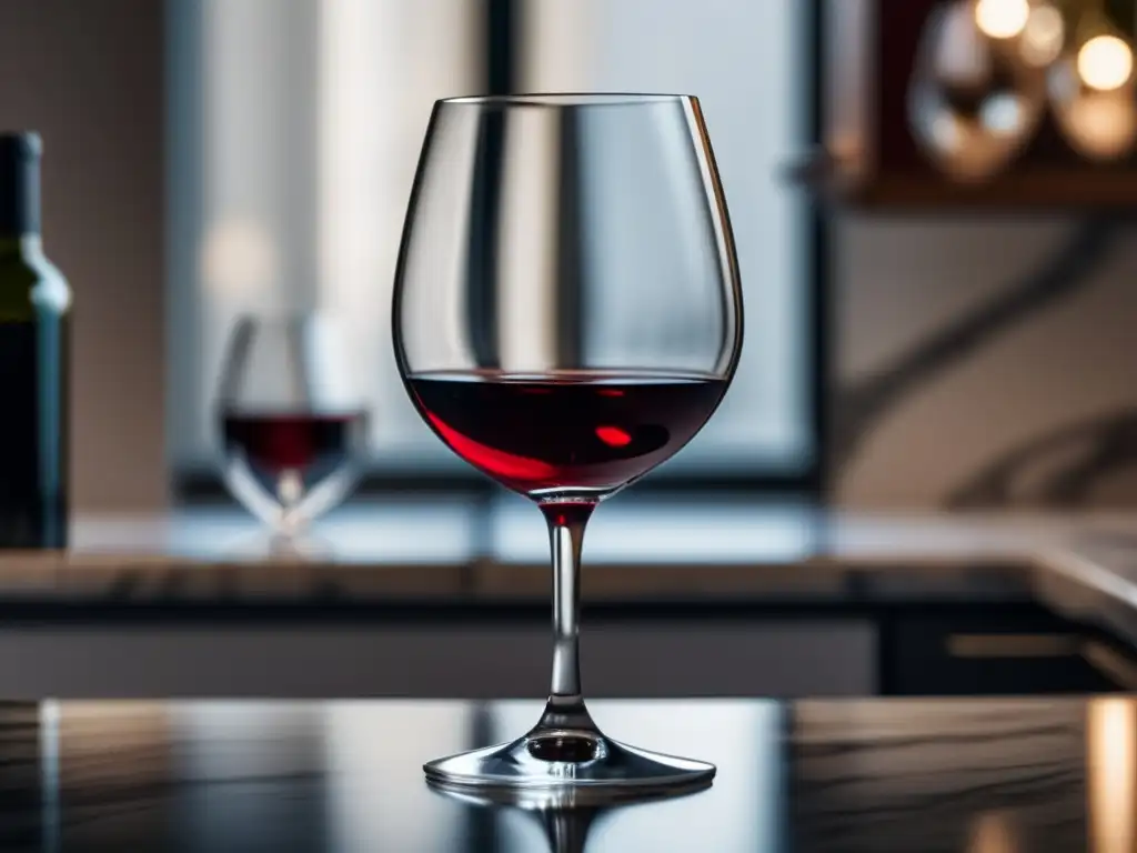 Elegante copa de vino en mármol Copa de vino minimalista en encimera de mármol, con vino tinto y juego de luces y reflejos