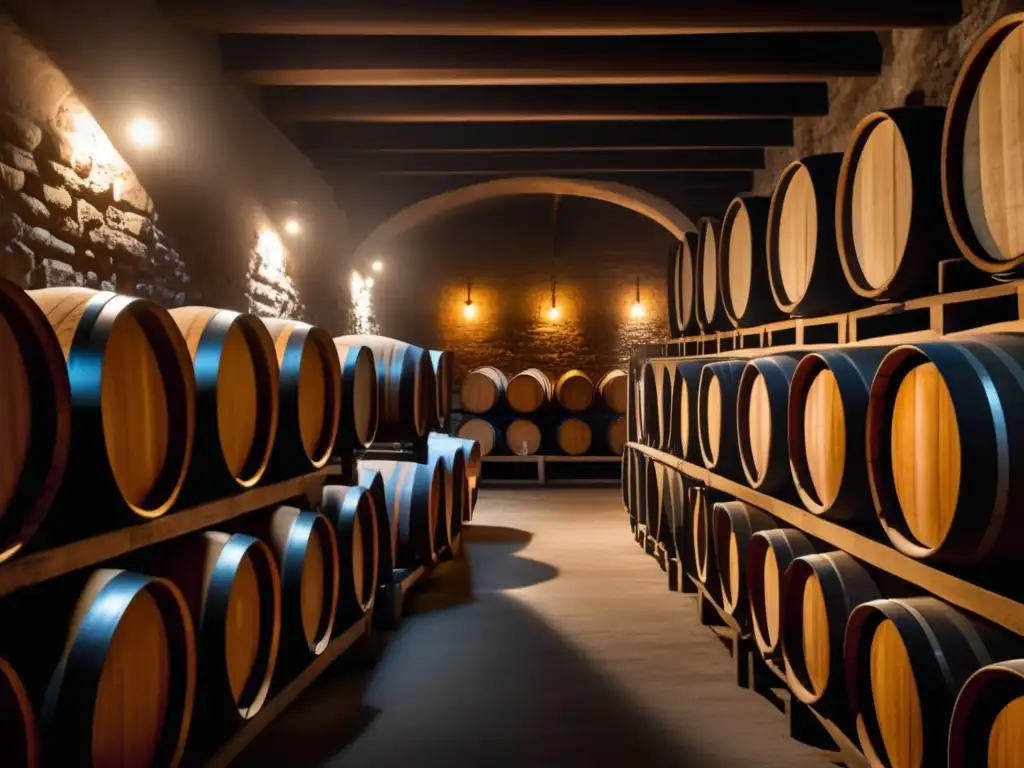 Vino misterioso en películas: una bodega minimalista con barriles de madera y una copa de vino