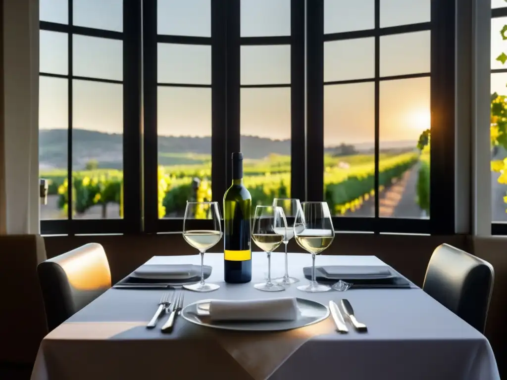 Elegante mesa de restaurante Michelin con vino natural y uvas frescas Revolución Vino Natural Chefs Michelin - Mesa elegante en restaurante estrellado con mantel blanco, cubiertos y copas de cristal