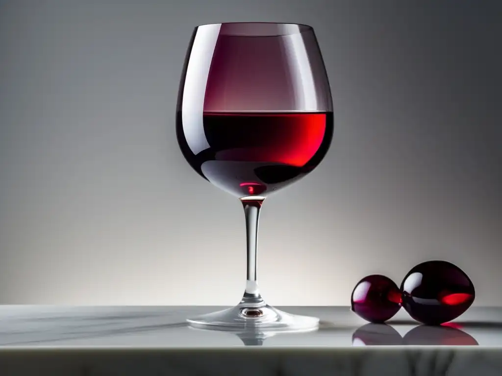 Vino natural: elegancia y sofisticación Vino Natural Revolución: copa de vino rojo rubí en mármol blanco, con luz suave iluminándola