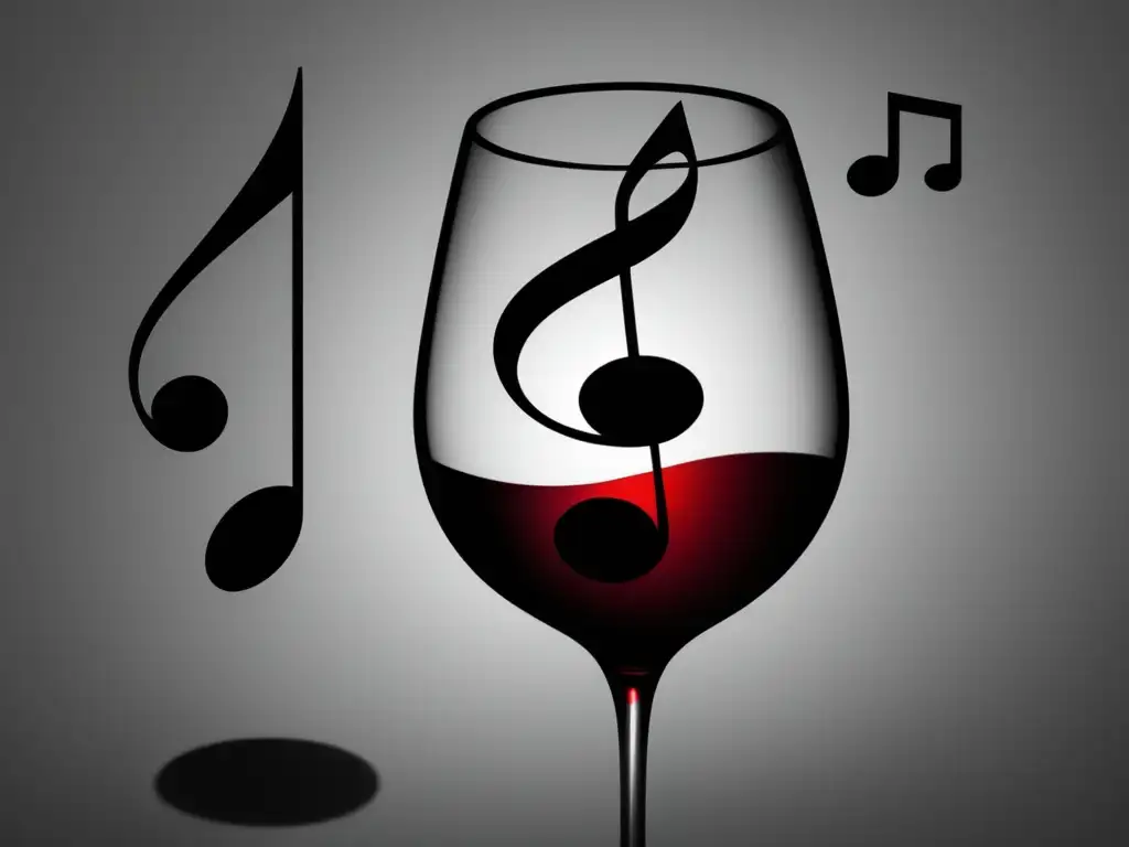 Copa de vino y nota musical entrelazadas en una imagen minimalista en blanco y negro