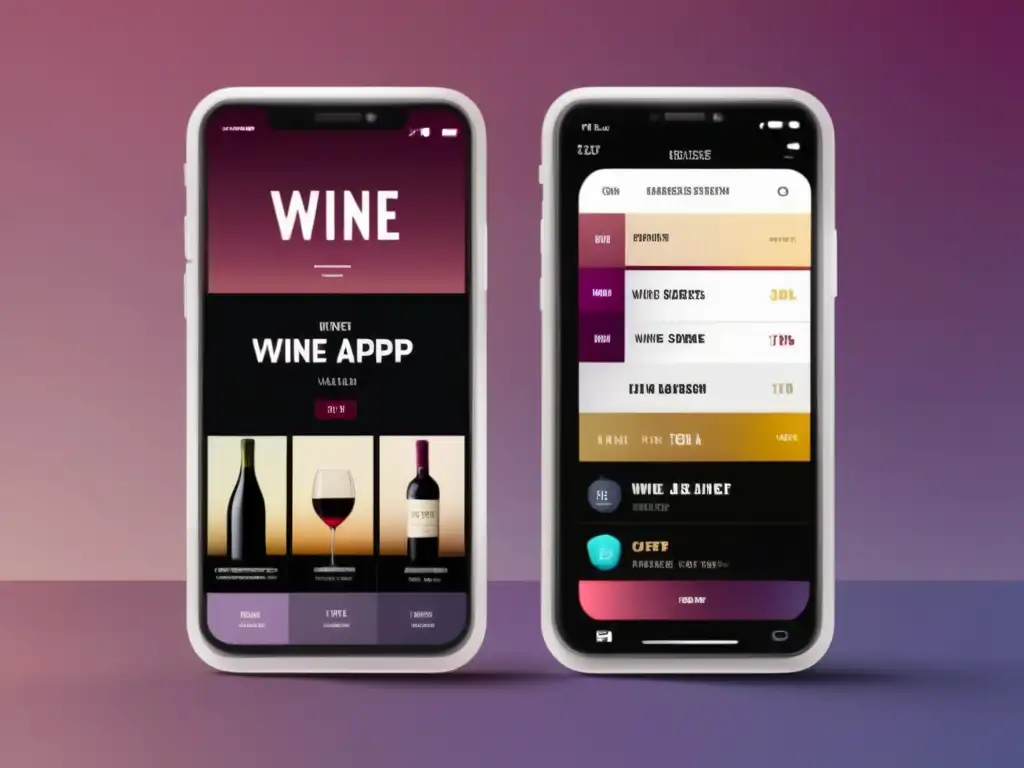 Comprar vino online: mejores apps enológicas, pantalla dividida de smartphone con interfaces de apps de vino, ofertas y opciones de búsqueda