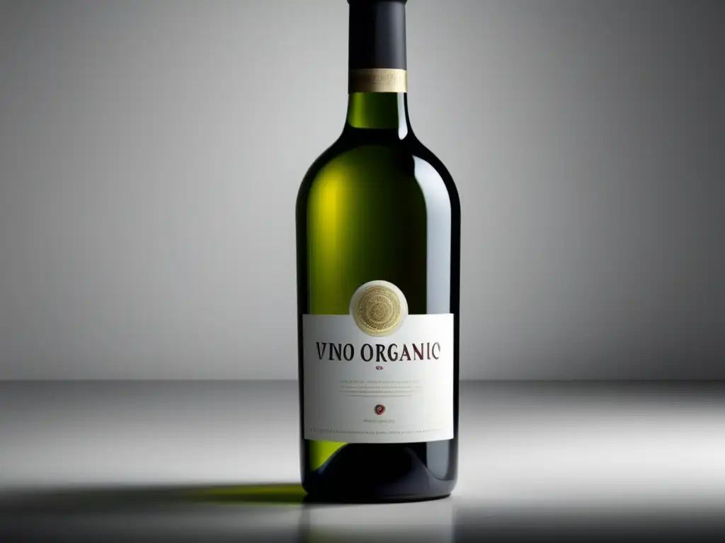 Vino Orgánico: Imagen 8k de una botella minimalista con etiqueta moderna y patrón orgánico, reflejando pureza y sofisticación