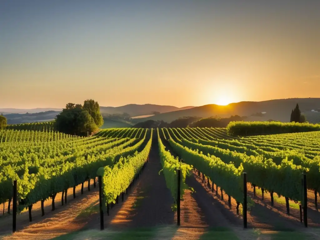 Guía para identificar vino orgánico: Viñedo tranquilo al atardecer, refleja belleza natural y prácticas sostenibles