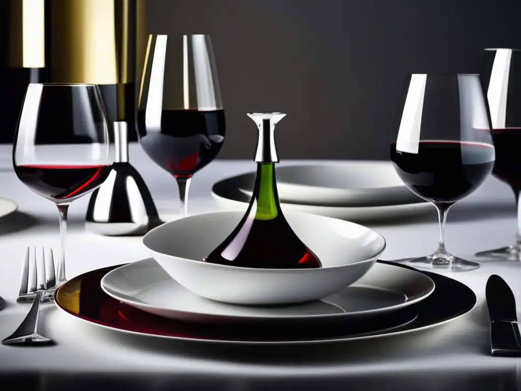 Elegante mesa con vino y platos decorados Integrando vino en decoración platos: mesa elegante con vajilla, copas y cubiertos plateados, decantador de vino y platos exquisitamente decorados