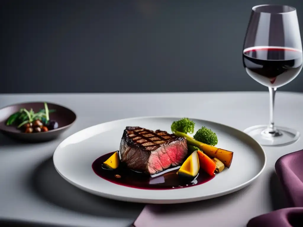 Plato gourmet con vino tinto y steak Integrando vino en decoración platos: minimalismo y elegancia con colores y texturas vibrantes