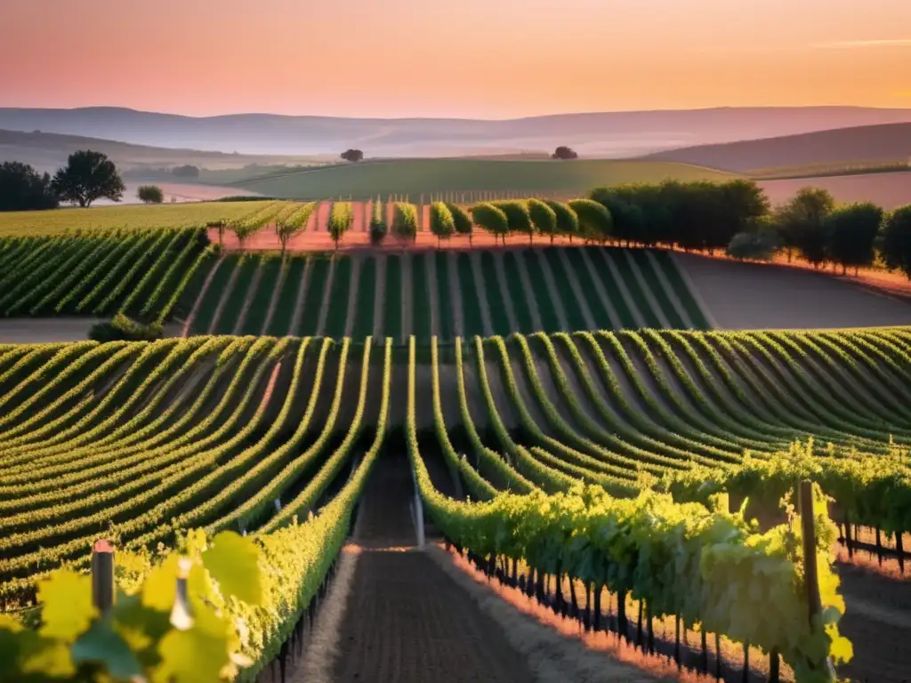 Relación consumo vino y reducción estrés en serena imagen de viñedo al atardecer