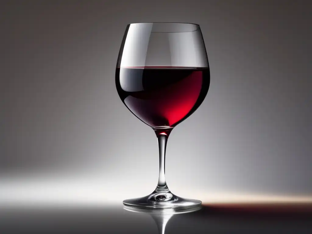 Copa de vino rojo elegante y minimalista en una superficie blanca, iluminada suavemente