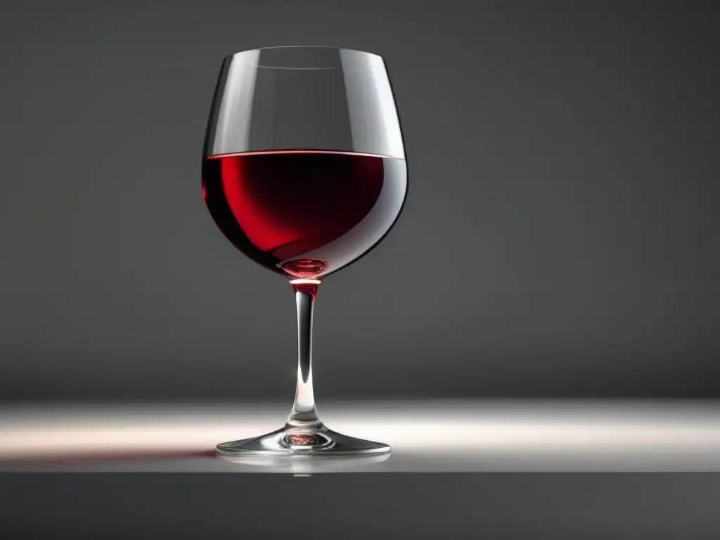 Copa de vino rojo elegante y minimalista en superficie blanca, con sombras de hojas de vid en fondo