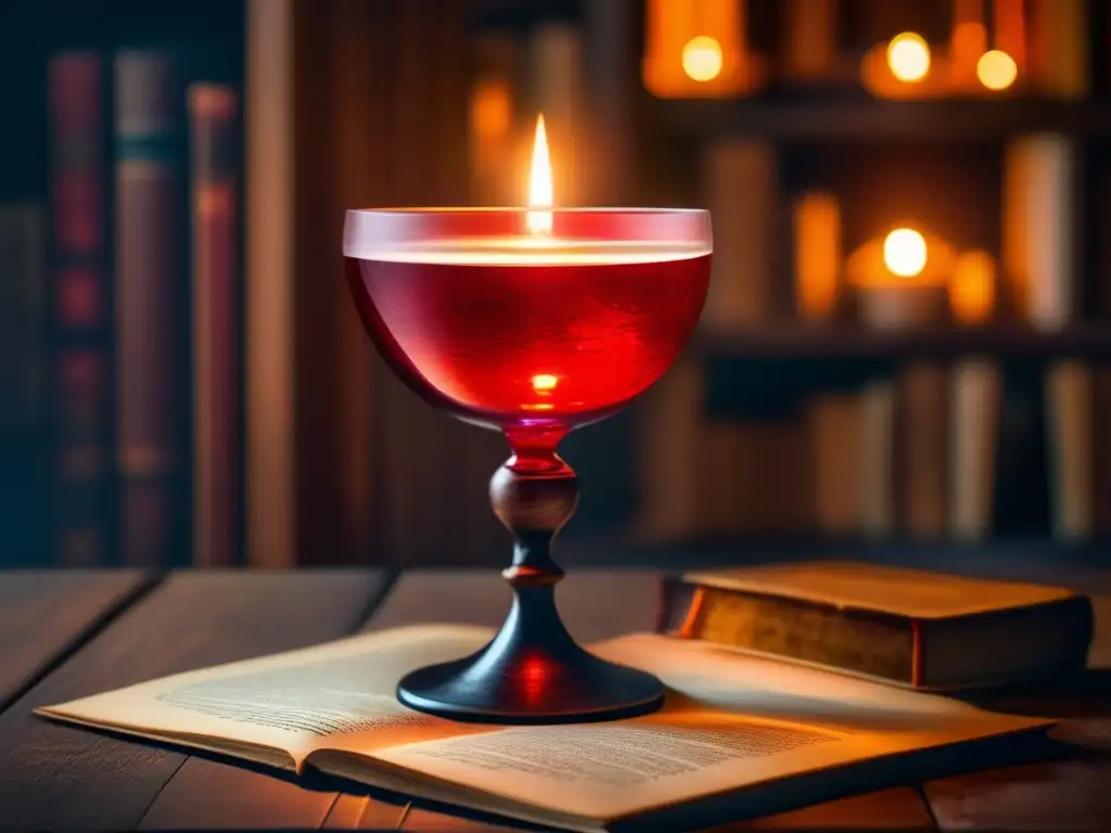 Goblet de vino rojo en mesa de madera rodeada de libros antiguos de género fantástico