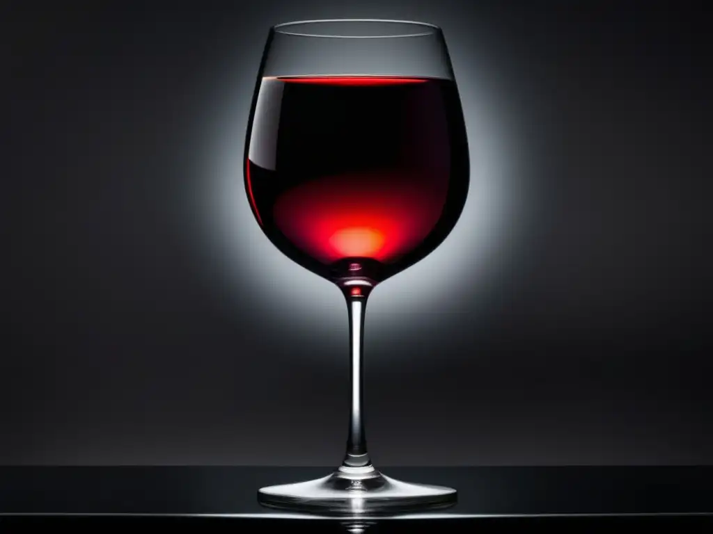 Vino y música jazz: copa de vino rojo sobre superficie negra, iluminada desde abajo, con fondo degradado oscuro a claro