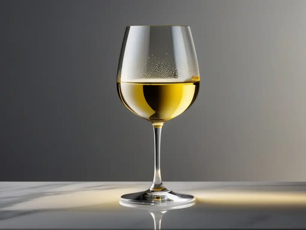 Copa de vino Trebbiano amarillo pálido, elegante y minimalista en encimera de mármol blanco