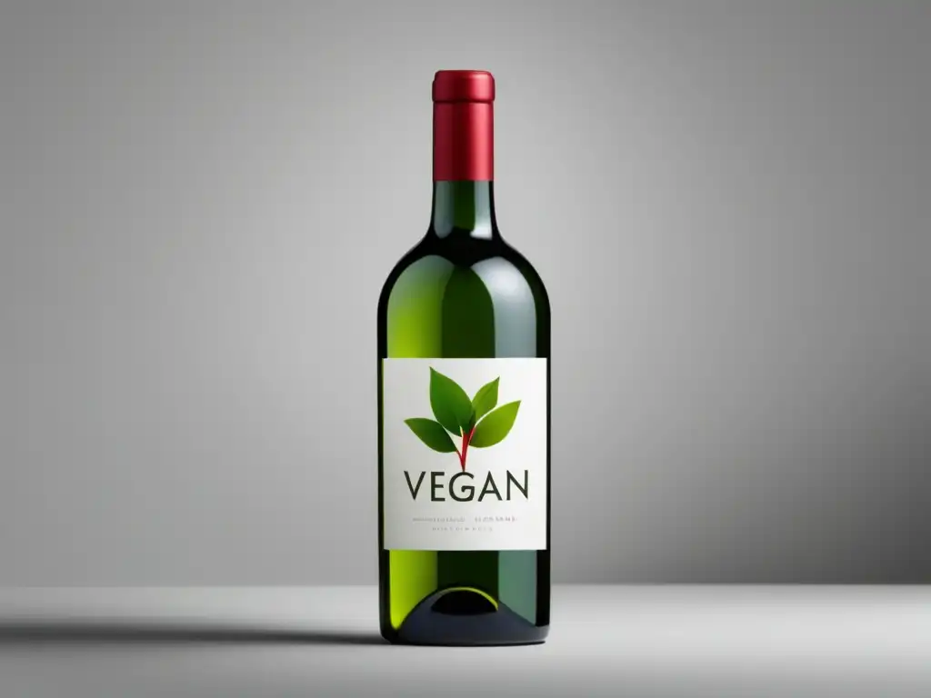 Vino vegano: Cadena suministro eco-friendly, botella transparente, etiqueta elegante, color vibrante, fondo blanco