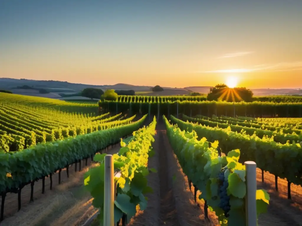 Producción de vino vegano en viñedo al atardecer