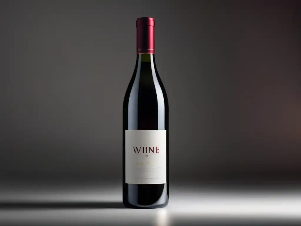 Promoción del vino en streaming: Botella de vino moderna y elegante resalta en fondo blanco, con color rojo intenso y etiqueta minimalista