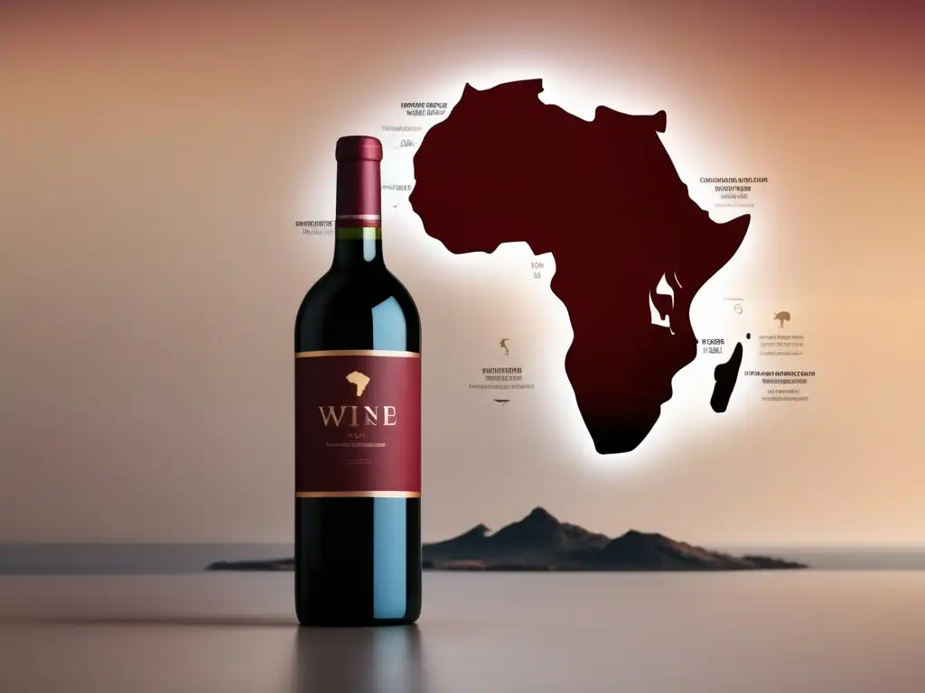 Vinos africanos: Silueta minimalista de botella de vino contra mapa de África en rojo intenso