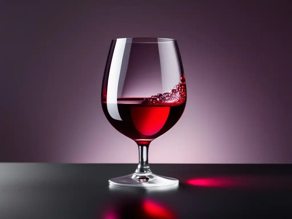 Vinos sin alcohol para dietas especiales - Imagen elegante y minimalista de un vaso lleno de un líquido rojo rubí en una mesa moderna y brillante