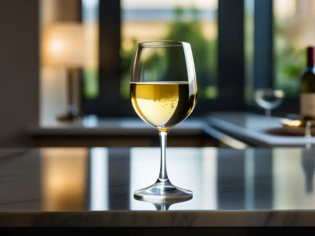 Vinos sin alcohol para alérgicos: copa de vino dorado sin alcohol en elegante mostrador de mármol