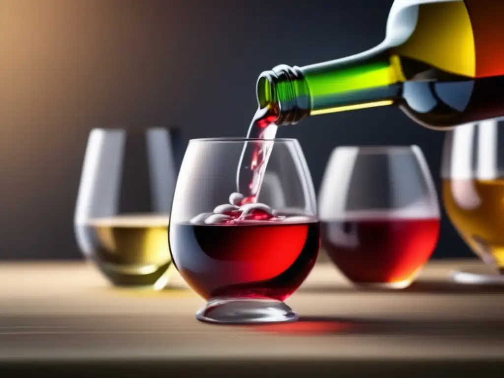 Vinos sin alcohol para alérgicos: Copa de vino transparente con líquido rojo intenso, elegante y refrescante