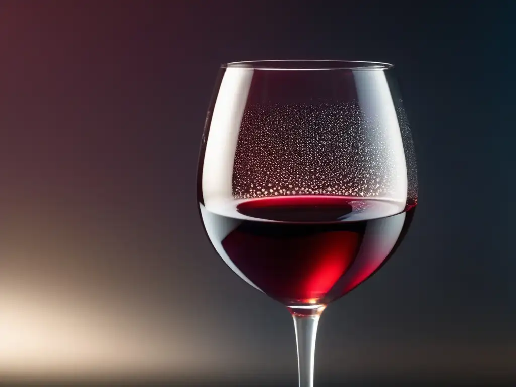 Degustación vinos Asiáticos: perfiles aromáticos, copa de vino rojo intenso, burbujas delicadas, juego de luces y sombras, elegancia y atracción