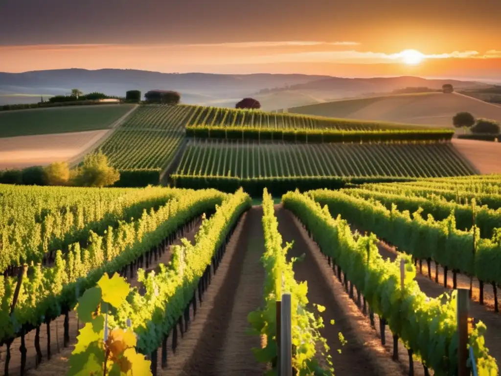 Vinos autóctonos: belleza de viñedo al atardecer, resaltando promoción en tratados bilaterales