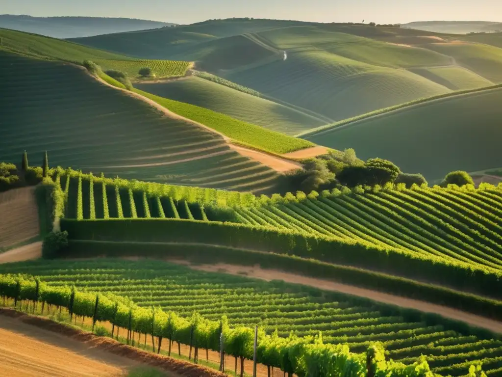 Descubriendo los vinos autóctonos de Portugal: paisaje de viñedos verdes, soleado y tranquilo