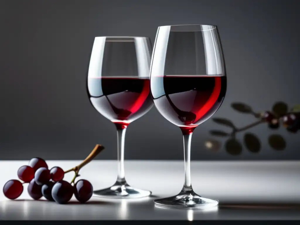 Vinos bajos en azúcar para dietas, elegantes copas de vino tinto con tonos rubí y fondo blanco minimalista