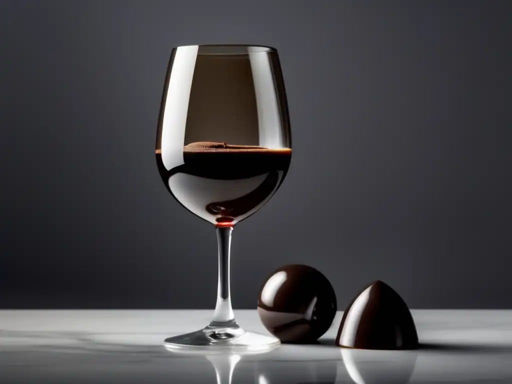 Vinos belgas para chocolate belga, copa minimalista de ganache oscuro y suave, elegante y sofisticada