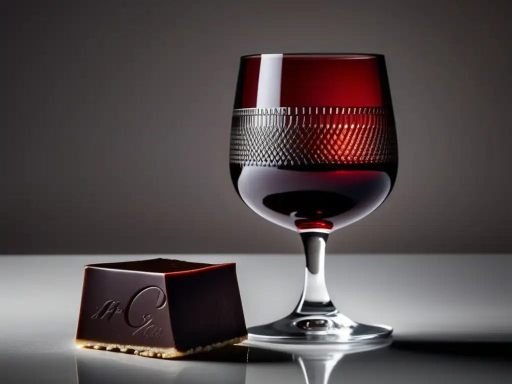 Vinos belgas para chocolate belga: copa de vino tinto y chocolate belga en superficie blanca