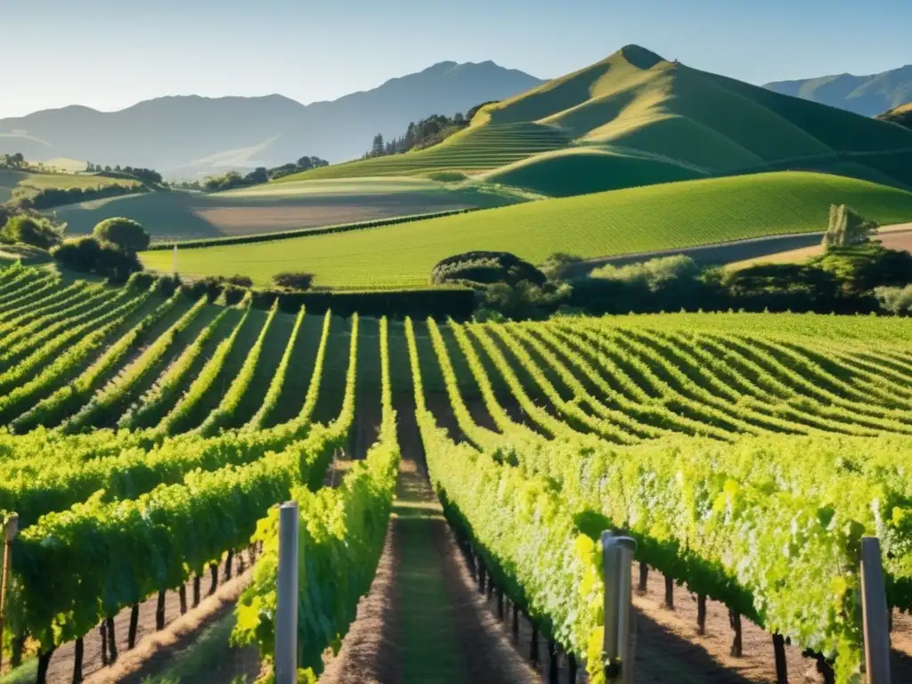 Vinos biodinámicos Nueva Zelanda: paisaje de viñedo verde y sereno