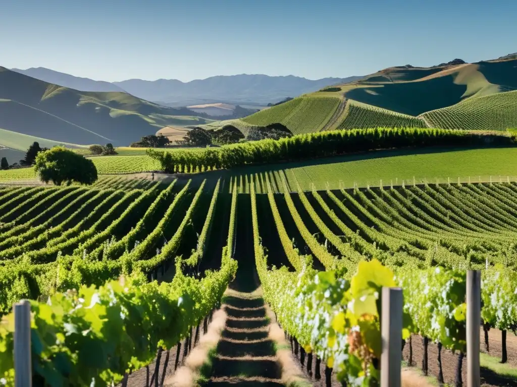 Vinos biodinámicos en Nueva Zelanda: Una serena imagen de un viñedo en el paisaje natural