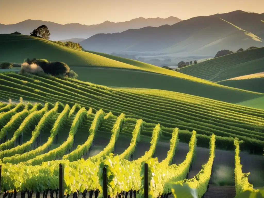 Vinos biodinámicos en paisaje de viñedos verde exuberante en Nueva Zelanda