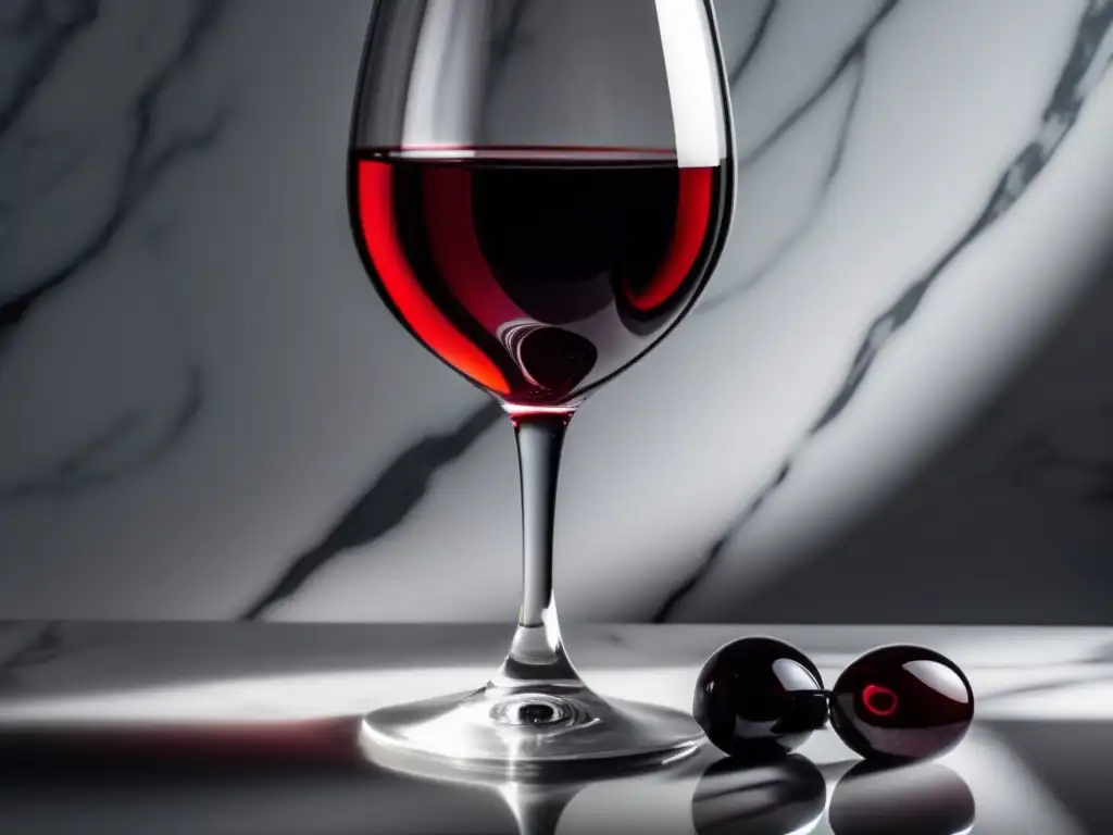 Vinos para acompañar ópera: copa de vino tinto en mármol blanco, elegancia y sofisticación