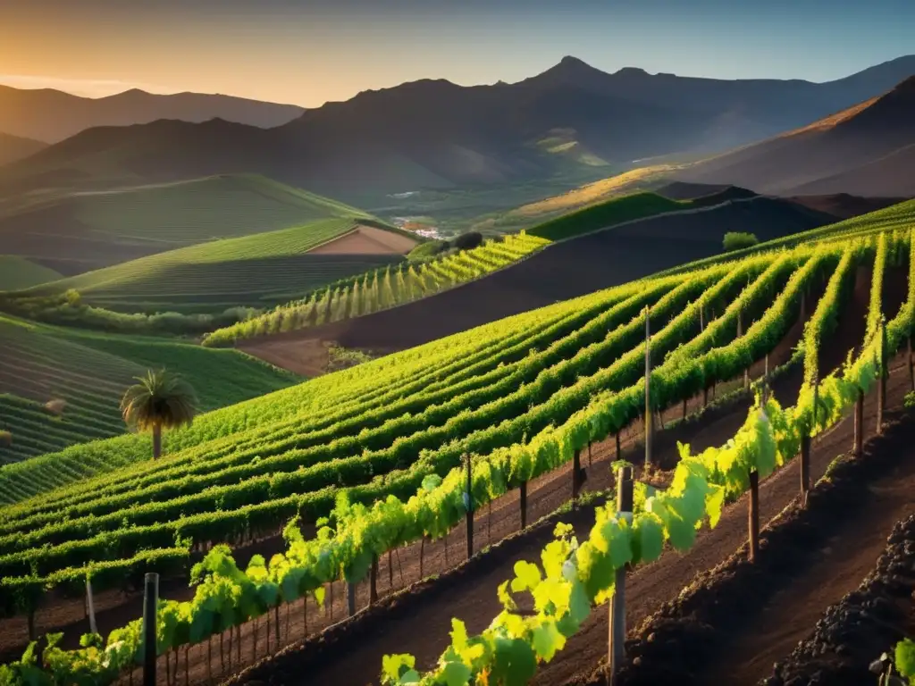 Vinos Canarios singulares y exclusivos en las viñas únicas de las Islas Canarias al atardecer