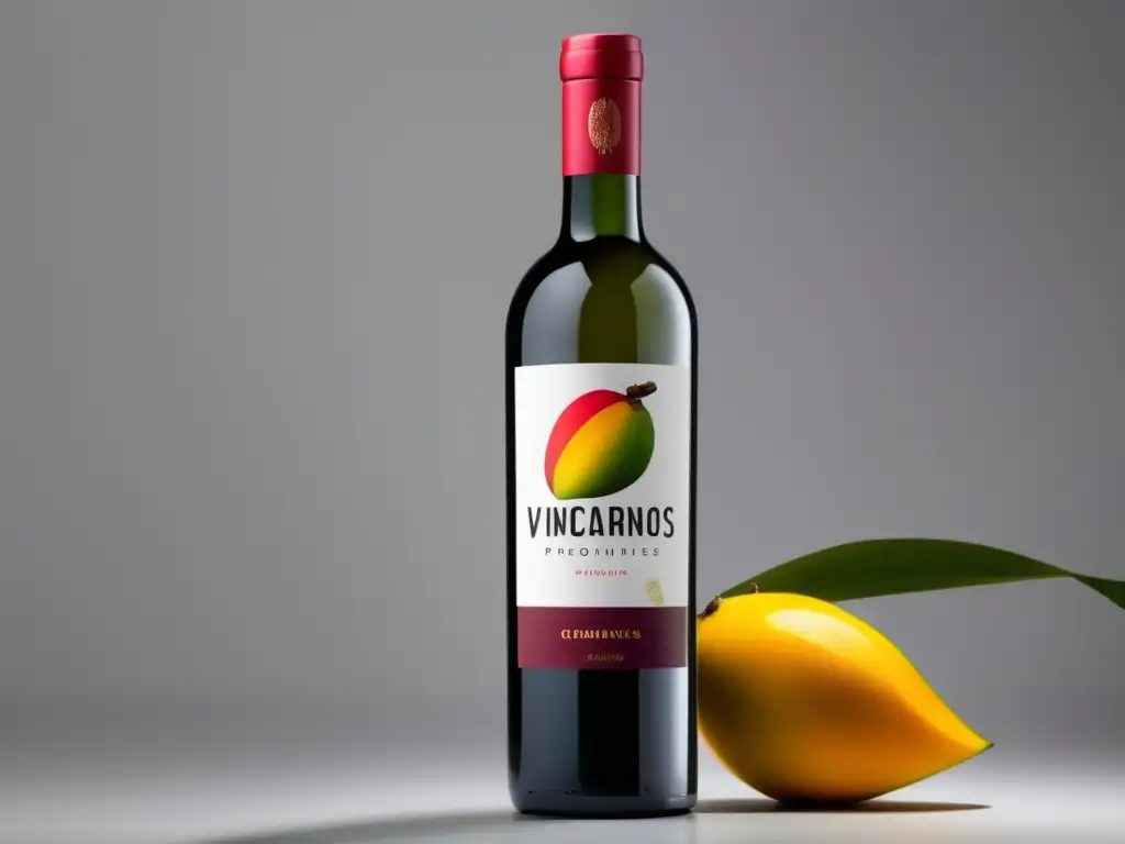 Vinos caribeños con sabores únicos - Botella de vino minimalista con frutas tropicales en fondo blanco