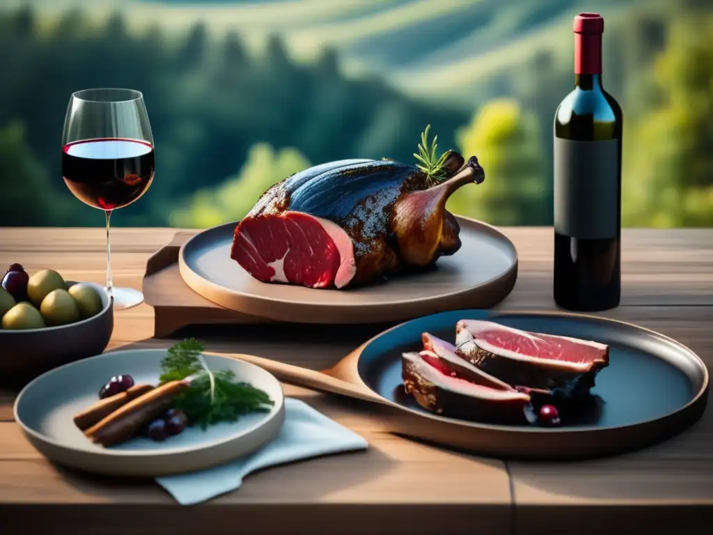 Vinos y caza: combinación ancestral - Mesa de madera rústica, vino tinto y exquisita carne de caza