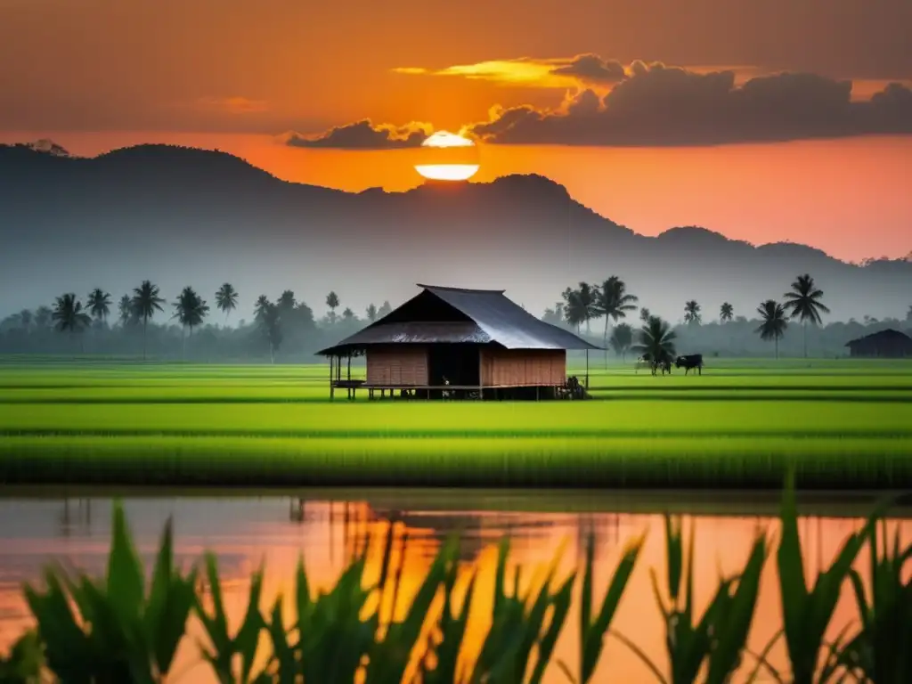 Paisaje rural camboyano con arrozales verdes Vinos para cocina camboyana: Delicias del Sudeste Asiático - Paisaje rural sereno con campos de arroz verdes y una casa tradicional en estacas