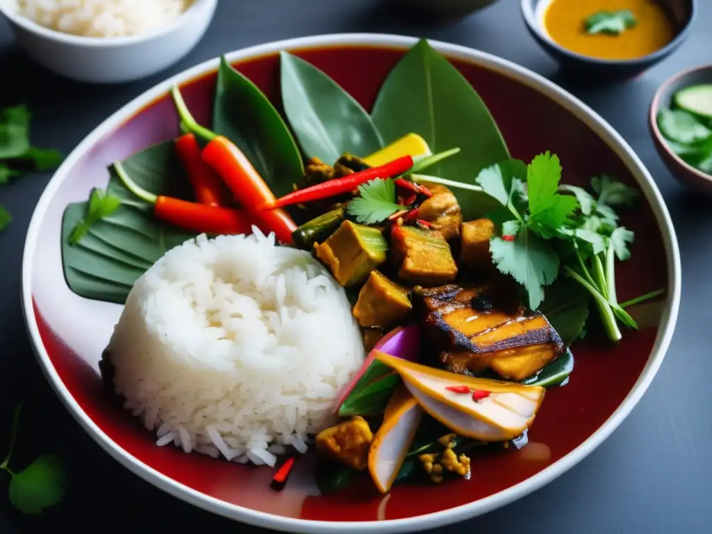 Plato vibrante de curry de pollo y vegetales con arroz pegajoso Vinos para cocina camboyana: Delicias del Sudeste Asiático