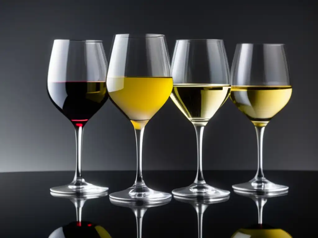 Copas de vino elegantes y sofisticadas Vinos para cocina coreana gourmet: 3 elegantes copas con Gewürztraminer, Riesling y Pinot Noir en un contraste sorprendente