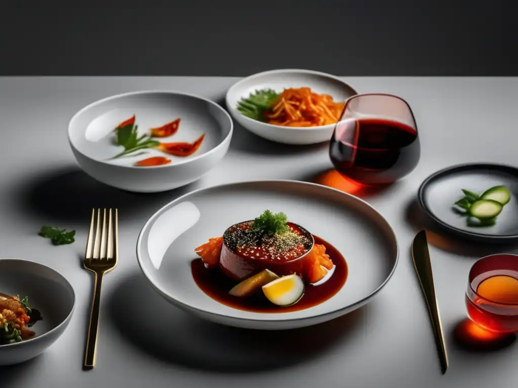Mesa de comedor minimalista con platos de porcelana y kimchi Vinos para cocina coreana gourmet: 8k imagen minimalista de mesa de comedor con platos de porcelana blancos y platos coreanos vibrantes