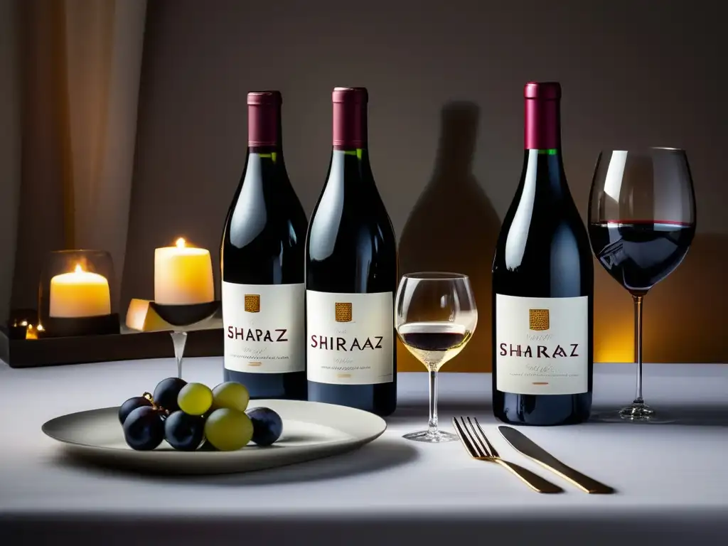 Vinos para cocina eritrea: mesa elegante con copas y botellas de Shiraz, Chardonnay y Grenache