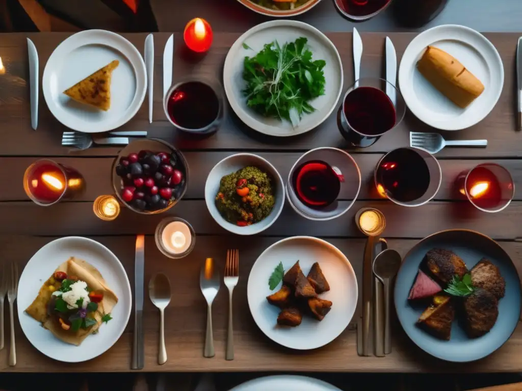 Vinos para cocina eritrea: una mesa minimalista con deliciosa comida eritrea y vinos rojos elegantes en copas