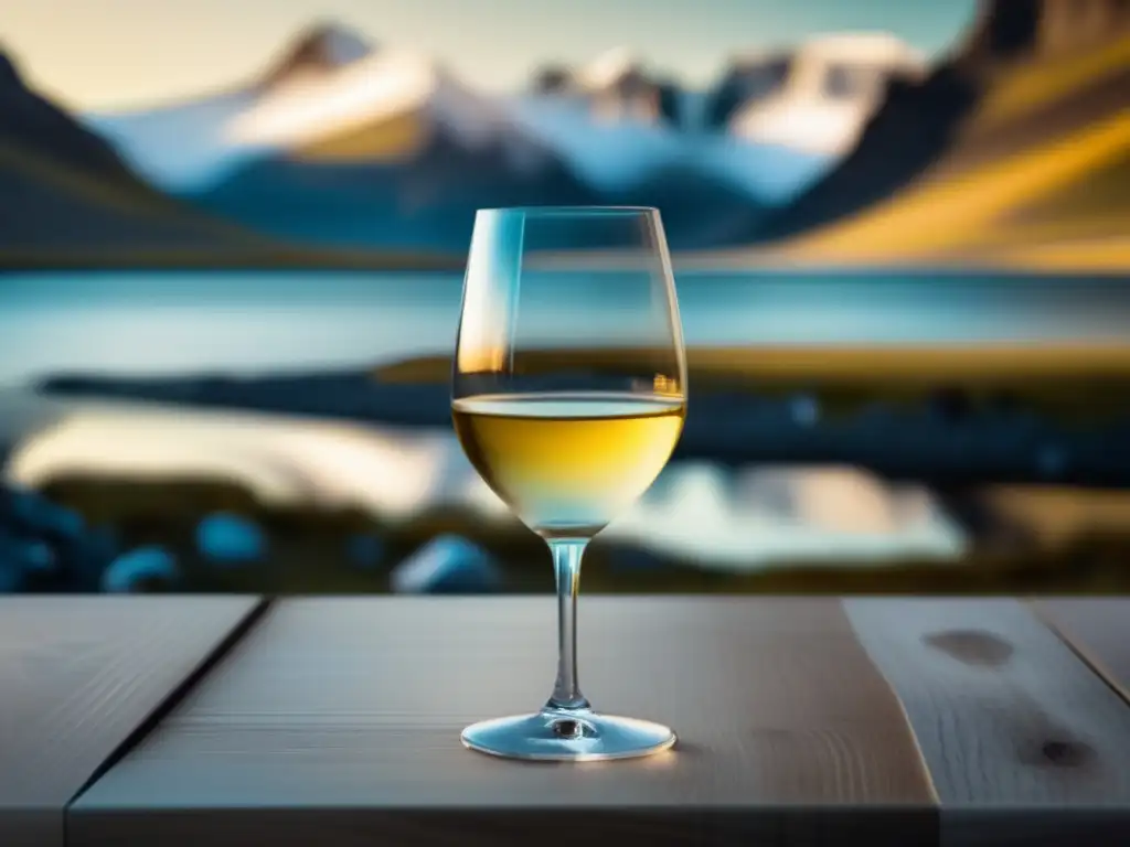 Vinos para maridar cocina islandesa: Paisaje minimalista con lago cristalino, montañas nevadas, cielo pastel y copa de vino blanco