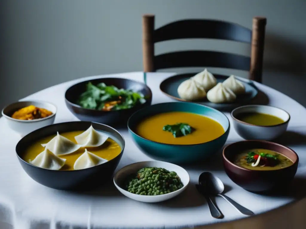 Mesa de comida nepalesa con vino Vinos para maridar cocina nepalesa con elegante mesa de platos tradicionales y copas de vino