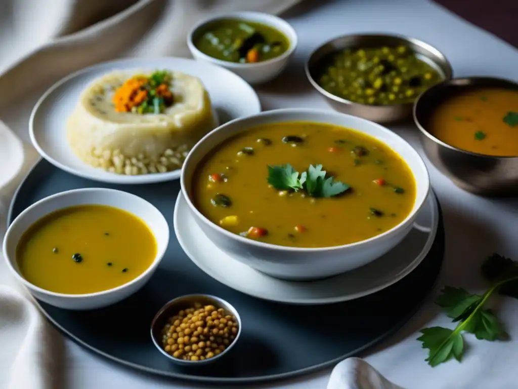 Mesa elegante con Dal Bhat, Momo y Tarkari Vinos para maridar cocina nepalesa: Mesa minimalista con Dal Bhat, Momo y Tarkari, destacando colores y sabores