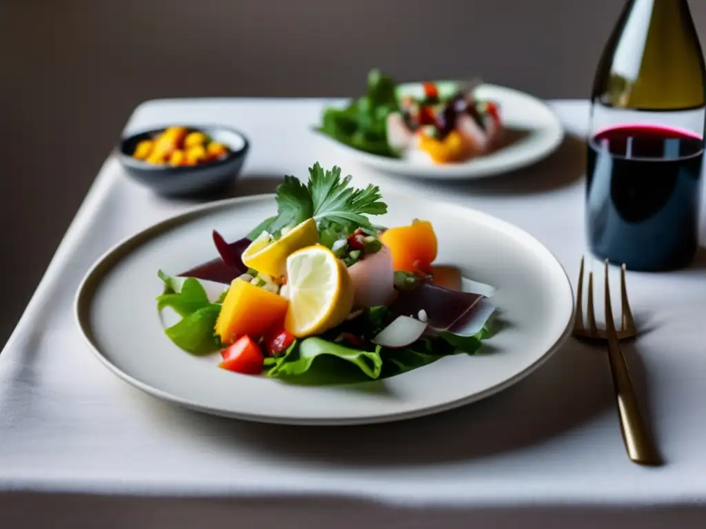 Vinos para maridar con cocina peruana: mesa elegante con ceviche y vino tinto